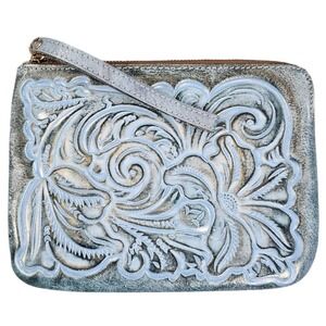 Patricia Nash Cassini Blue Silver Tooled Leather Wristlet Floral Metallic Pouch